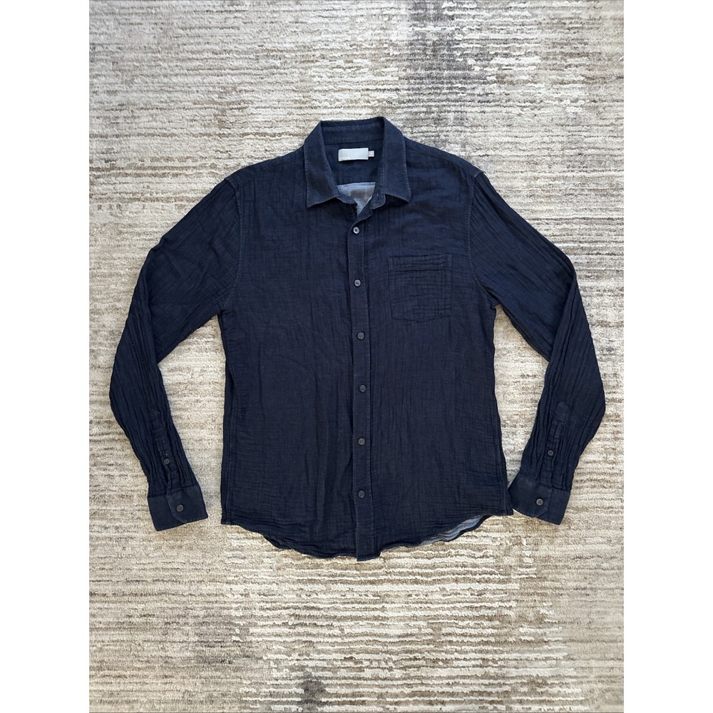 Vince Shirt Men Charcoal Blue M Cotton Gauze Button-Up Long Sleeve Comfy Pocket